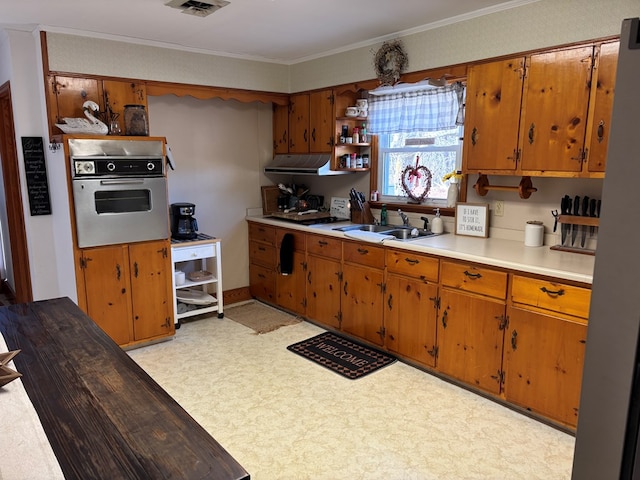 kitchen featuring ornamental molding, sink, and oven