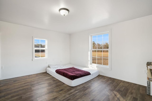 unfurnished bedroom with multiple windows and dark wood-type flooring