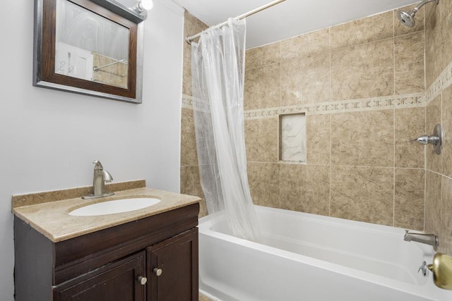 bathroom with shower / bathtub combination with curtain and vanity