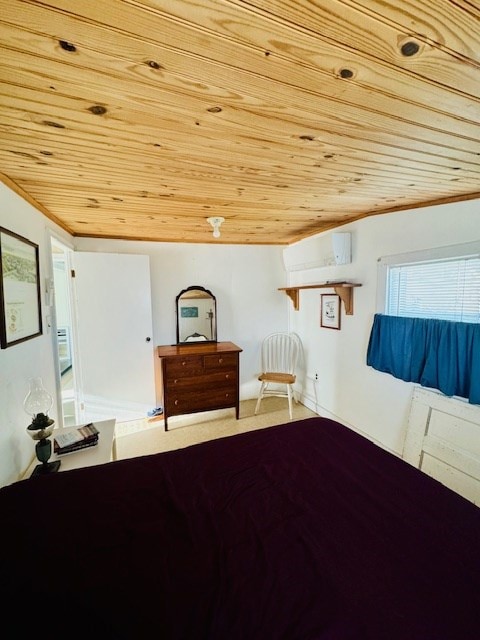 unfurnished bedroom with an AC wall unit and wooden ceiling