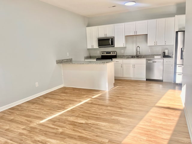 kitchen featuring light wood-style flooring, appliances with stainless steel finishes, white cabinetry, a sink, and baseboards