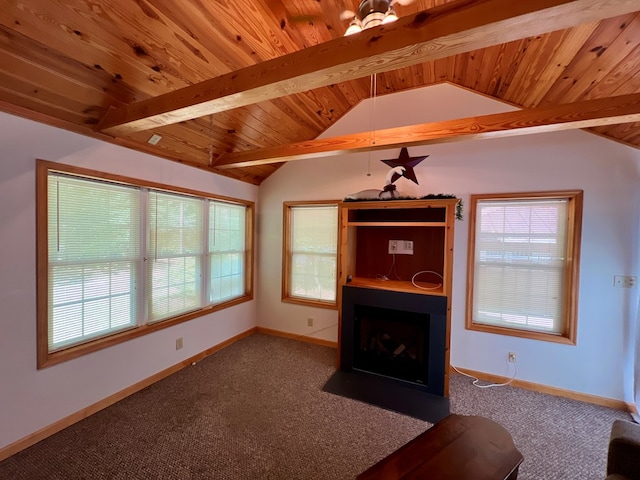 unfurnished living room with carpet flooring, lofted ceiling with beams, and wooden ceiling