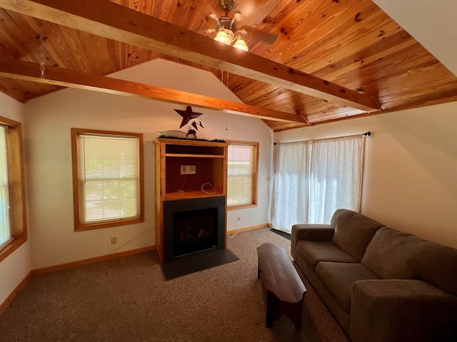 unfurnished living room with carpet flooring, vaulted ceiling with beams, ceiling fan, and wooden ceiling