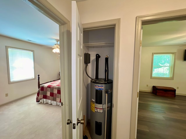 interior space featuring carpet, ceiling fan, a closet, and water heater