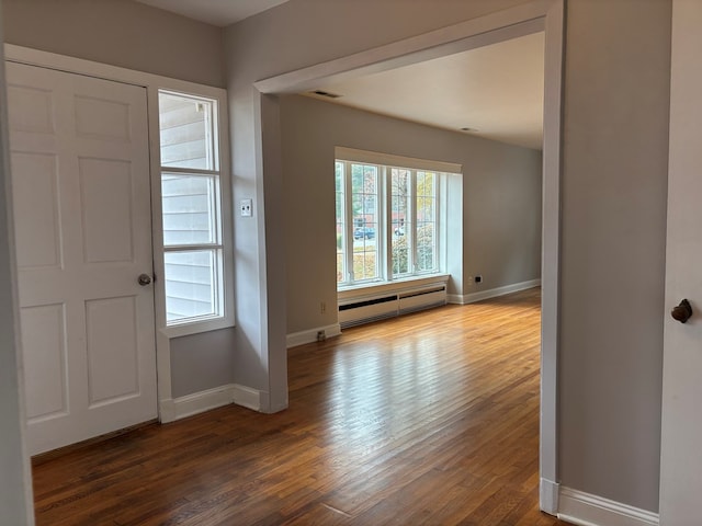 foyer entrance with wood-type flooring, a baseboard radiator, and a healthy amount of sunlight