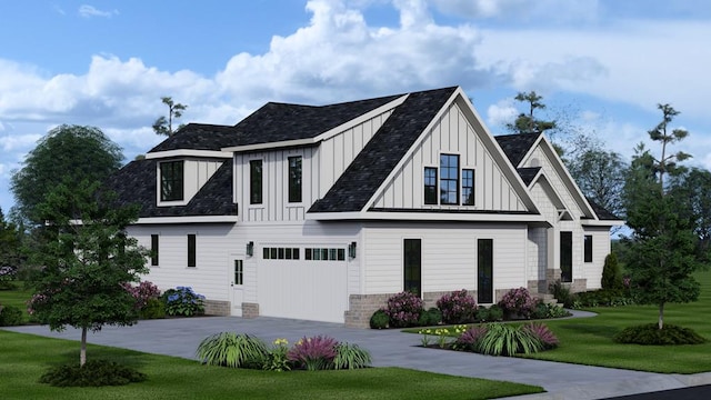 view of front of property with a garage, a shingled roof, concrete driveway, board and batten siding, and a front yard