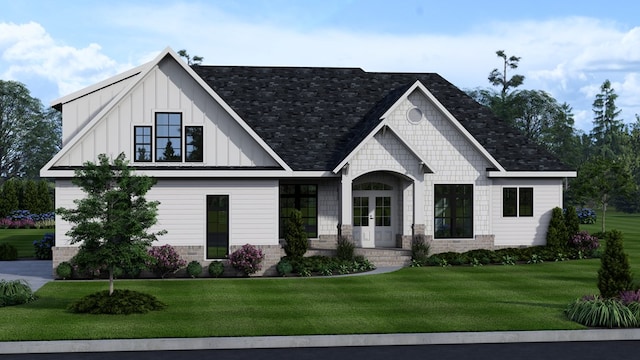 modern inspired farmhouse featuring a front lawn, board and batten siding, and french doors