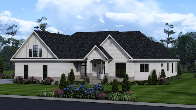 view of front facade with board and batten siding, a front yard, and stone siding