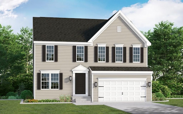 view of front of property featuring a garage and a front lawn