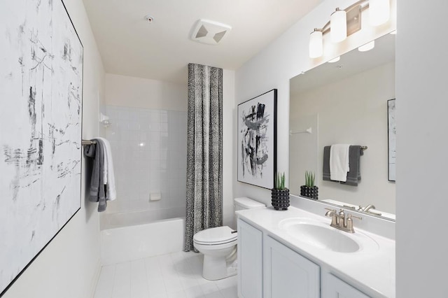 full bathroom featuring shower / bath combo, vanity, and toilet