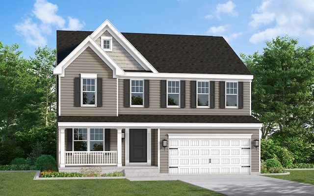 view of front of home with a front lawn, covered porch, and a garage