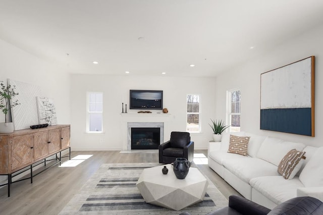 living room with light hardwood / wood-style floors, a fireplace, and a baseboard heating unit