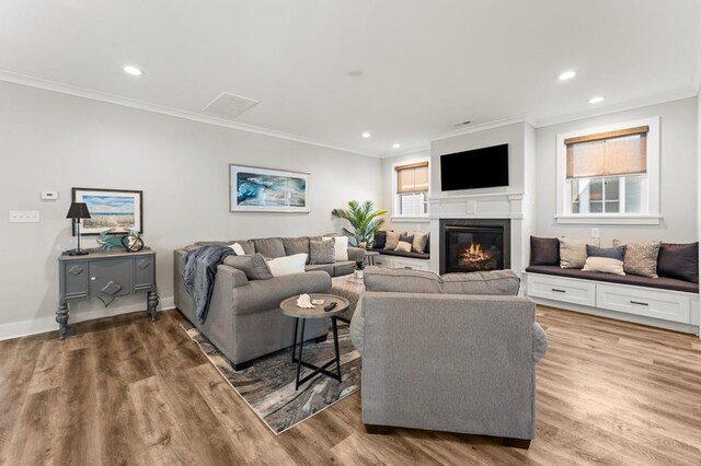 dining space with crown molding and dark wood-type flooring