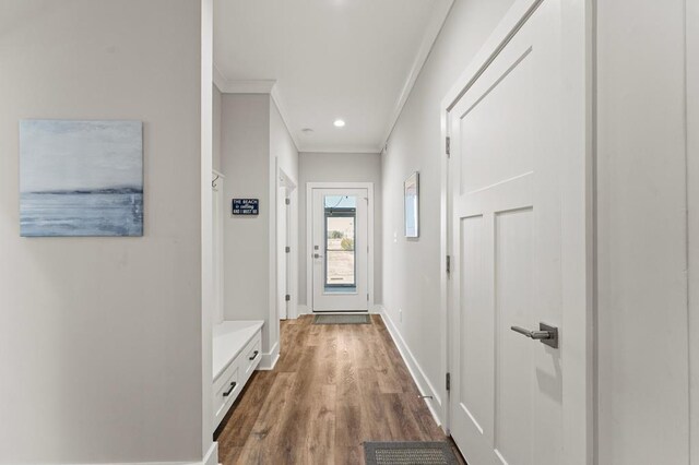 mudroom featuring crown molding and wood-type flooring