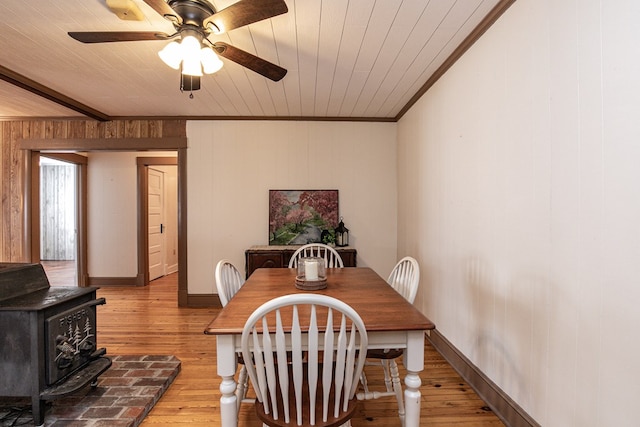 24103 Adelaide St, Parksley, VA 23421 - dining area featuring crown molding, light wood-style flooring, a wood stove, wooden walls, and a ceiling fan