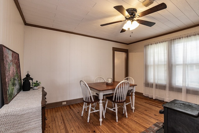 24103 Adelaide St, Parksley, VA 23421 - dining space featuring hardwood / wood-style flooring, ceiling fan, and ornamental molding