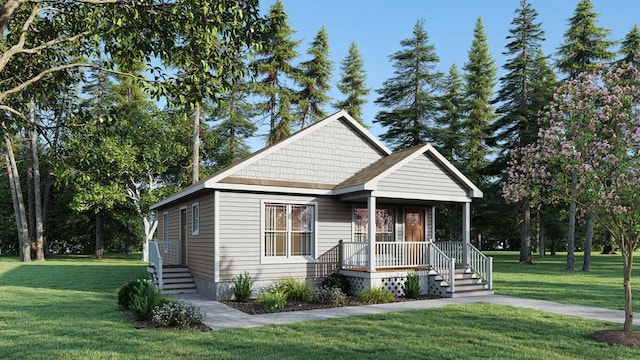 view of front facade featuring covered porch and a front lawn