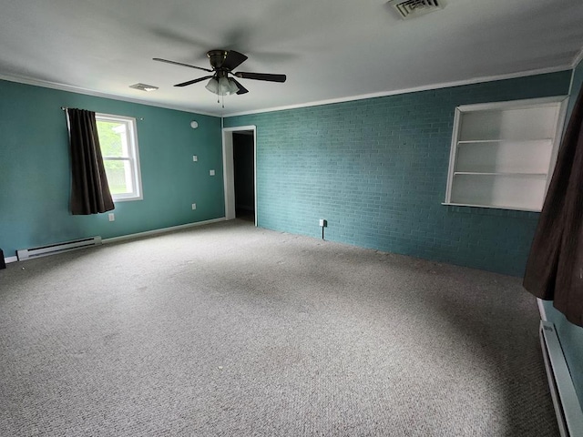 4068 Ridge Rd, Chincoteague, VA 23336 - carpeted spare room with baseboard heating, ornamental molding, a ceiling fan, brick wall, and baseboards