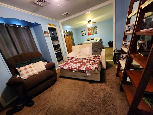 carpeted bedroom with ornamental molding