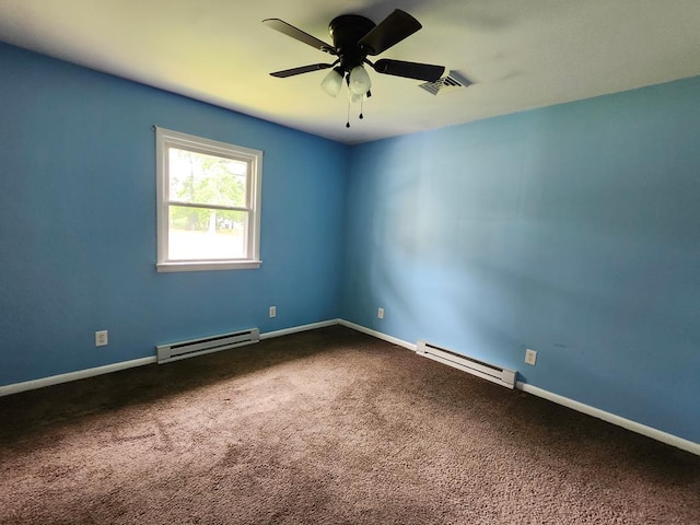 4068 Ridge Rd, Chincoteague, VA 23336 - spare room with a baseboard radiator, dark carpet, ceiling fan, and baseboards