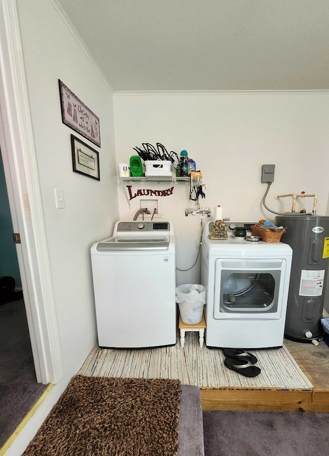 laundry room featuring independent washer and dryer, ornamental molding, and water heater