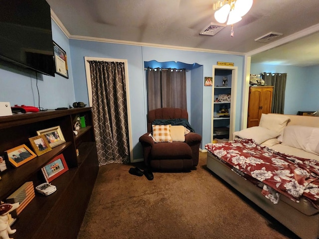 bedroom featuring carpet flooring, ceiling fan, and ornamental molding