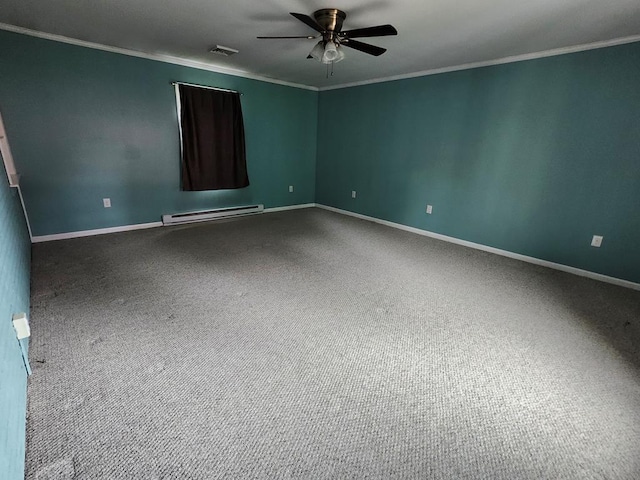 4068 Ridge Rd, Chincoteague, VA 23336 - spare room with baseboard heating, a ceiling fan, carpet, crown molding, and baseboards