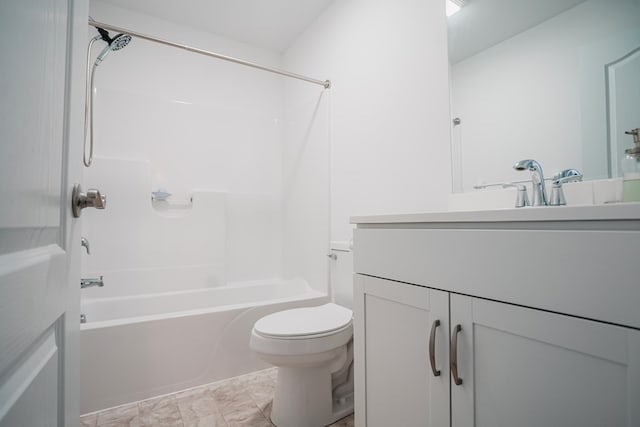 full bathroom featuring toilet, vanity, shower / bathtub combination, and marble finish floor