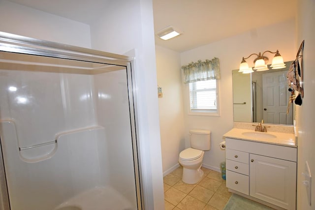 bathroom with toilet, tile patterned flooring, vanity, and walk in shower