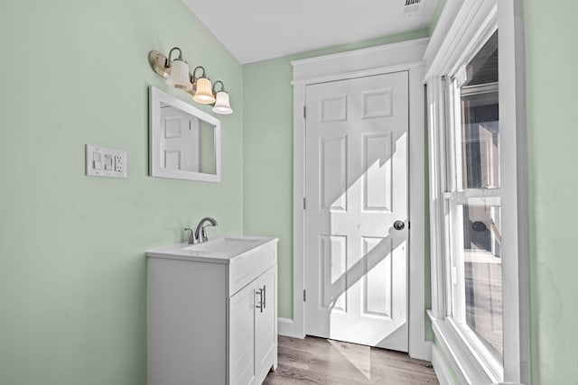 bathroom with vanity, hardwood / wood-style floors, and a wealth of natural light