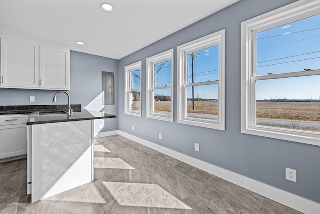 kitchen featuring a healthy amount of sunlight, sink, dark stone countertops, and white cabinets