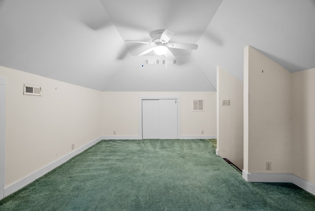 bonus room with carpet flooring, ceiling fan, and lofted ceiling