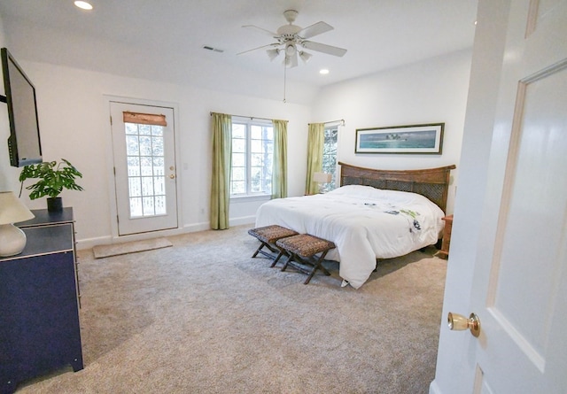 bedroom with light colored carpet and ceiling fan