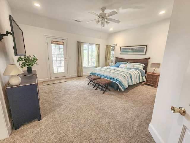 carpeted bedroom with ceiling fan and access to outside