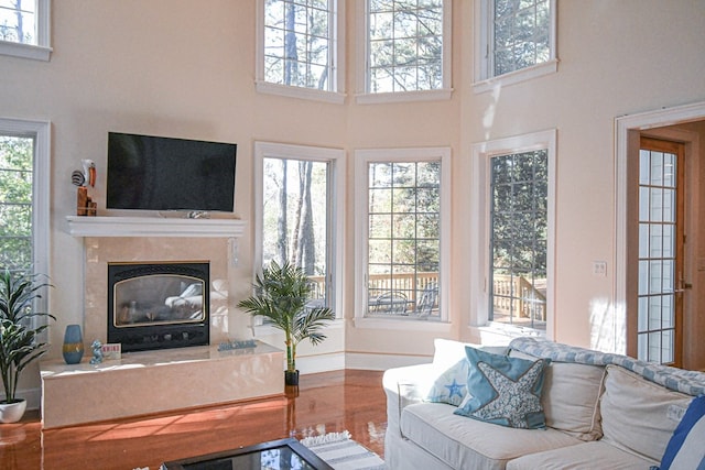 living room featuring a towering ceiling, plenty of natural light, a fireplace, and wood-type flooring