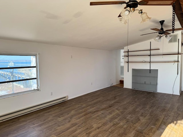 unfurnished living room with ceiling fan, dark hardwood / wood-style floors, vaulted ceiling, and a baseboard heating unit