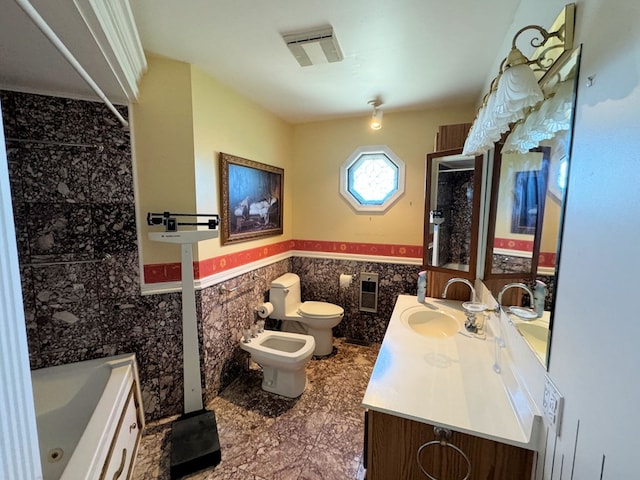 bathroom featuring walk in shower, toilet, tile walls, a bidet, and vanity