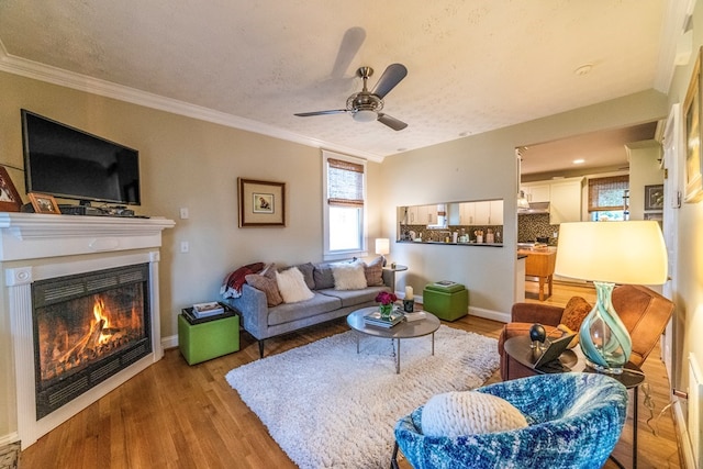 living room featuring baseboards, wood finished floors, a glass covered fireplace, and crown molding