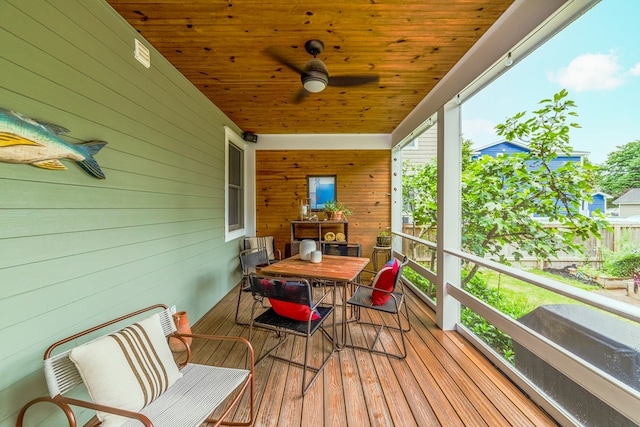 deck with ceiling fan and outdoor dining space