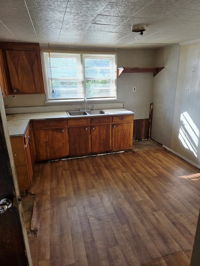 kitchen with sink, dark hardwood / wood-style floors, and wooden walls