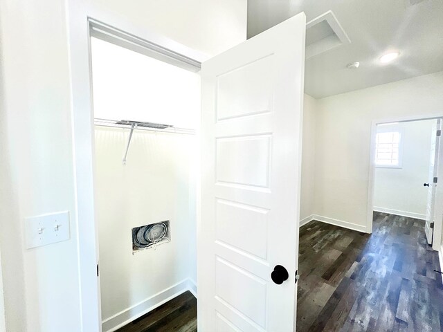 37734 Blue Crab Cir, Painter, VA 23420 - clothes washing area featuring dark wood-style floors and baseboards