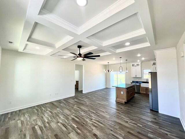 37734 Blue Crab Cir, Painter, VA 23420 - unfurnished living room with a sink, coffered ceiling, baseboards, and dark wood-type flooring