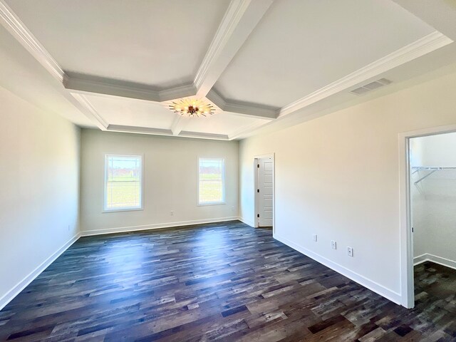 37734 Blue Crab Cir, Painter, VA 23420 - unfurnished room with dark wood-style flooring, visible vents, crown molding, baseboards, and coffered ceiling