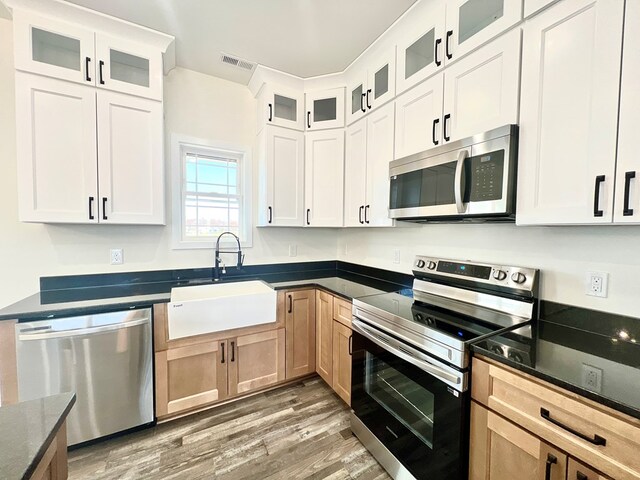 37734 Blue Crab Cir, Painter, VA 23420 - kitchen featuring visible vents, appliances with stainless steel finishes, glass insert cabinets, a sink, and light wood-type flooring