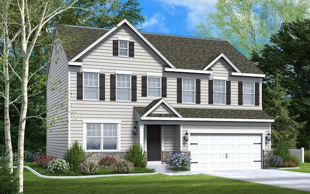 view of front of property featuring driveway, stone siding, a shingled roof, and an attached garage