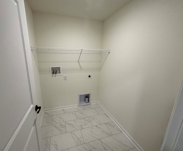 laundry room featuring laundry area, baseboards, marble finish floor, washer hookup, and electric dryer hookup