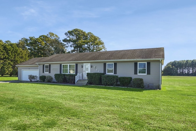 single story home featuring a garage and a front yard