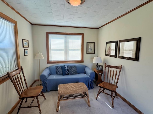 living area with crown molding and light carpet