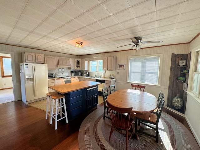 kitchen featuring plenty of natural light, stainless steel appliances, wood-type flooring, and light brown cabinets