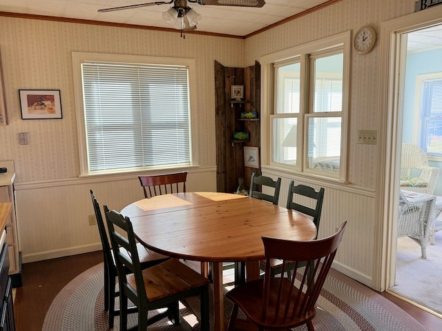 dining area with crown molding and ceiling fan